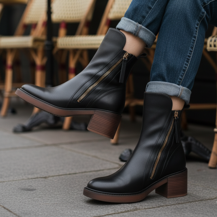 Avora Lyon | Botte en cuir noire avec un talon confortable, élégante et intemporelle