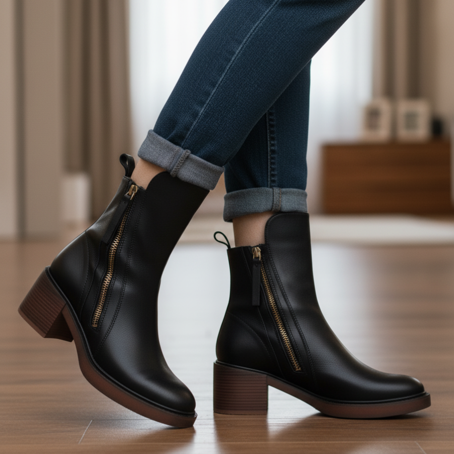 Avora Lyon | Botte en cuir noire avec un talon confortable, élégante et intemporelle