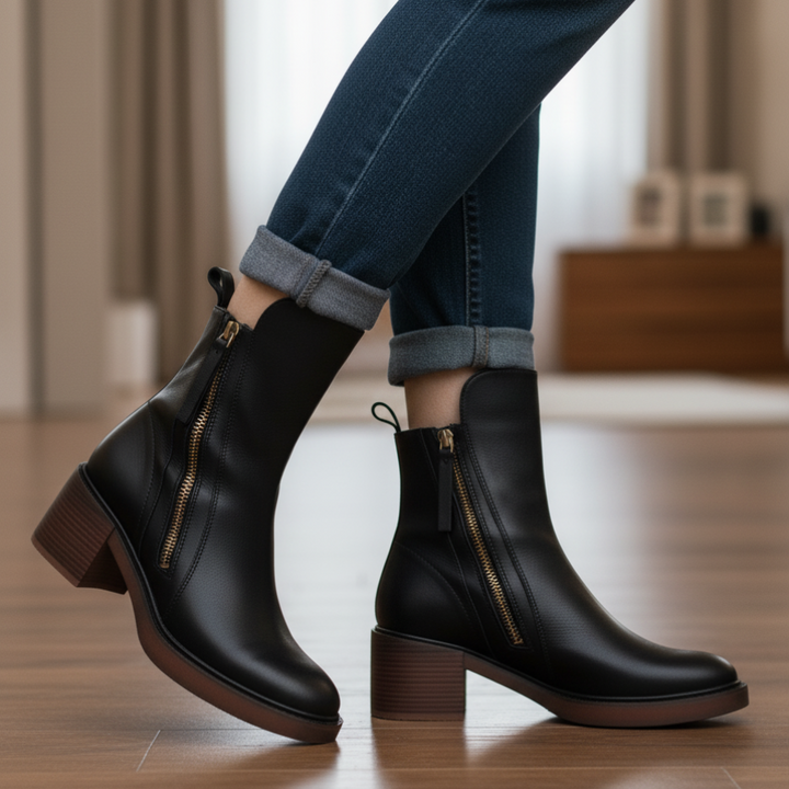 Avora Lyon | Botte en cuir noire avec un talon confortable, élégante et intemporelle