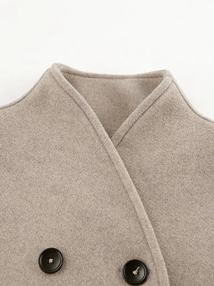 Veste Beige Élégante à Double Rangée pour Femmes – Vintage Col en V,