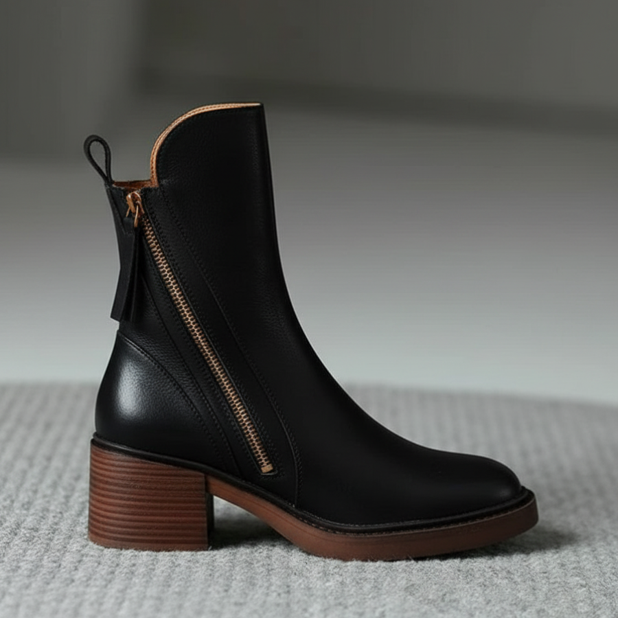 Avora Lyon | Botte en cuir noire avec un talon confortable, élégante et intemporelle