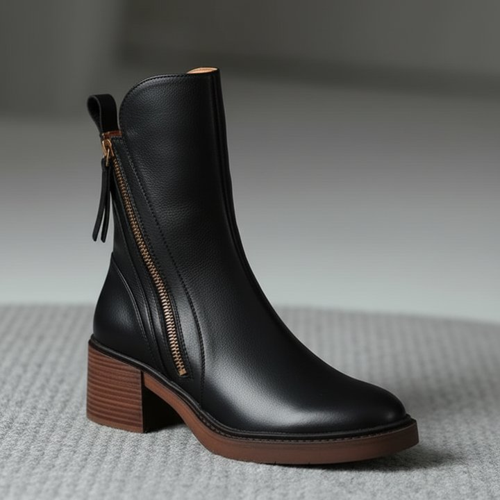 Avora Lyon | Botte en cuir noire avec un talon confortable, élégante et intemporelle