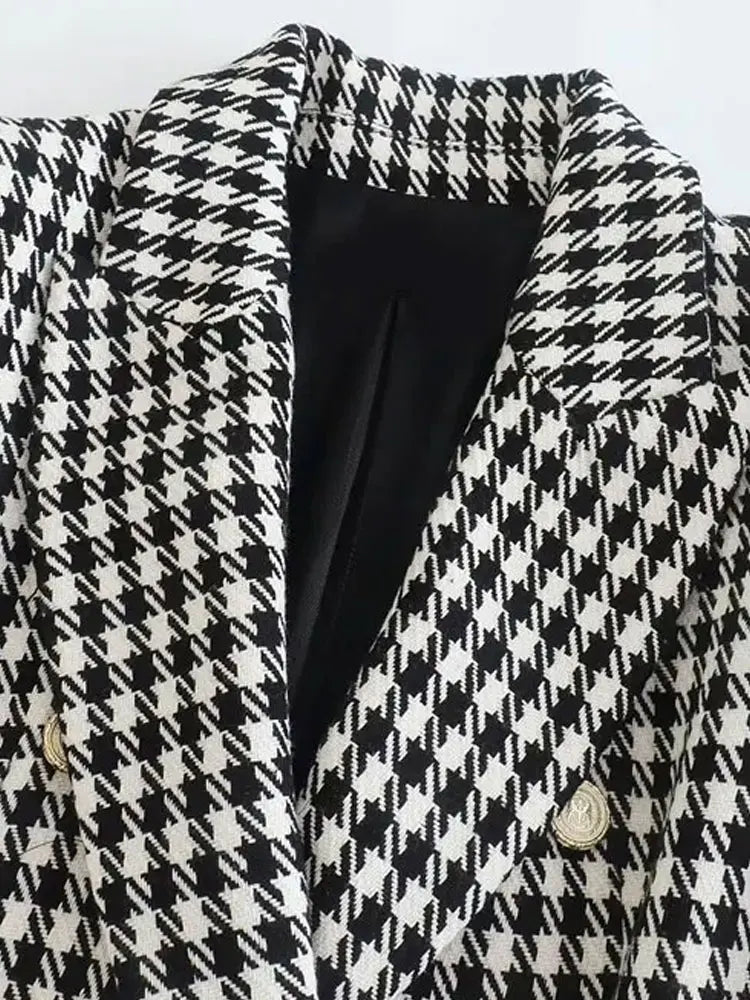 Blazer Femme Pied-de-Poule Vintage, Double Boutonnage, Élégant