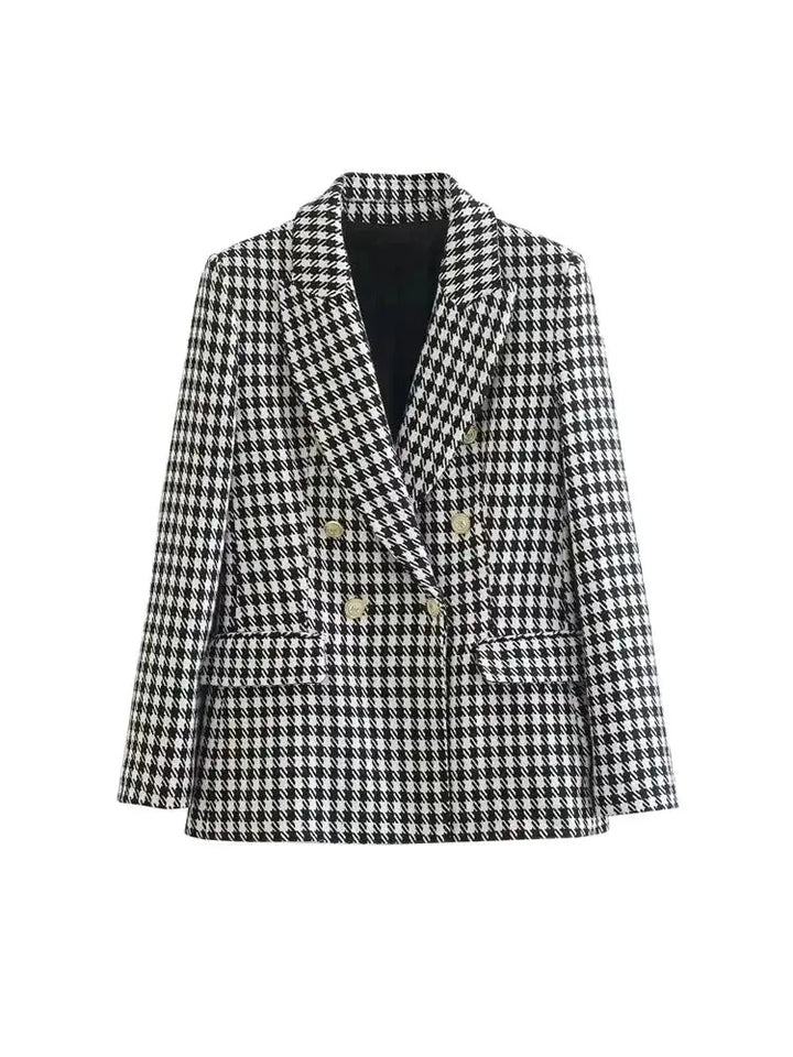 Blazer Femme Pied-de-Poule Vintage, Double Boutonnage, Élégant