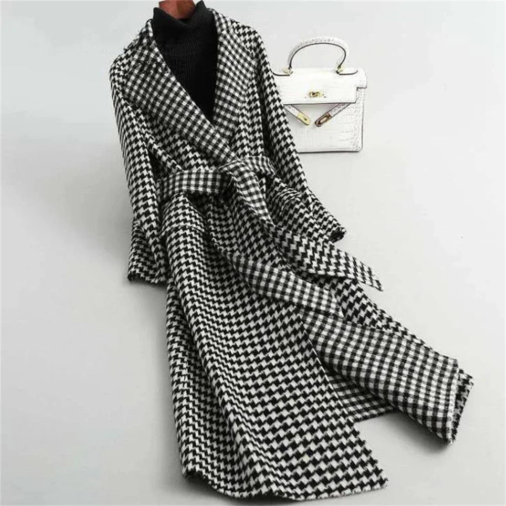 Manteaux longs en laine à carreaux pour femmes